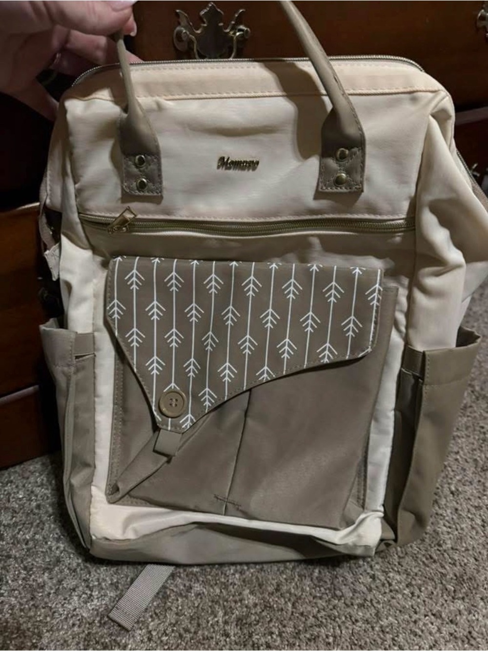 Beige & Taupe Multi-Pocket Diaper Backpack